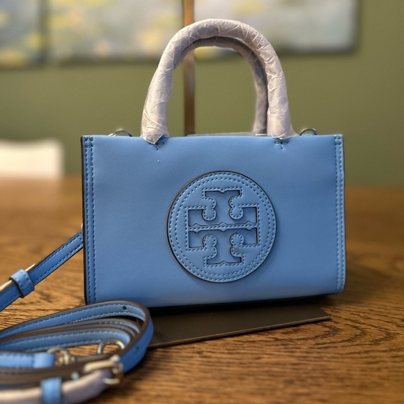 NWT! NEW! Tory Burch Ella Blue Azure Bio Mini Tote Crossbody - Picture 1 of 11
